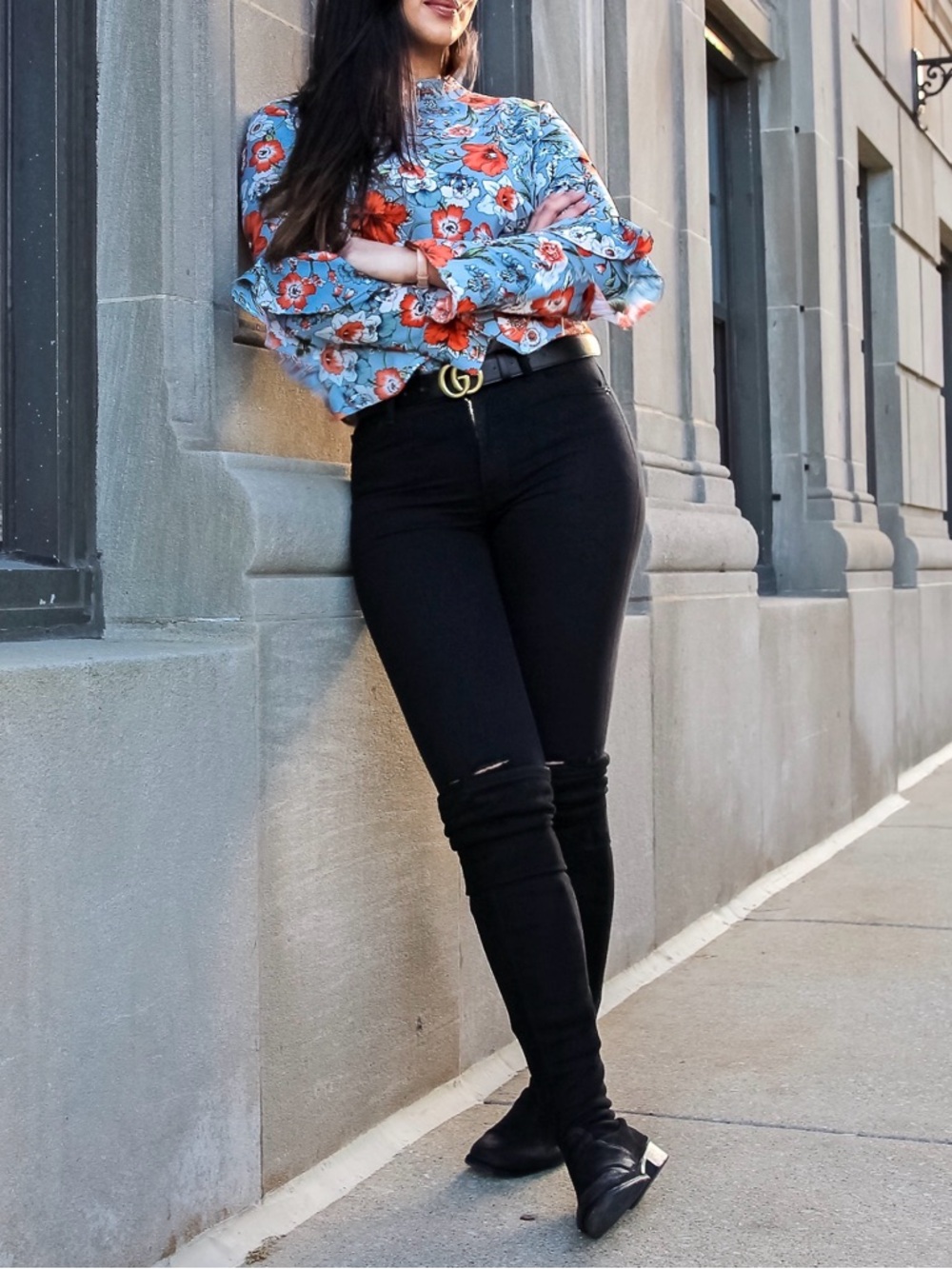 Cliché Robin Egg Blue Floral Bell-Sleeve Women's Top Size Small